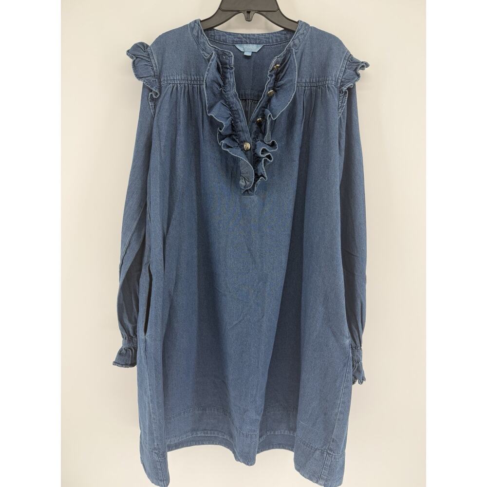 Draper James Chambray Mini Dress Womens Medium Blue Denim Ruffle Cottagecore - Picture 2 of 9